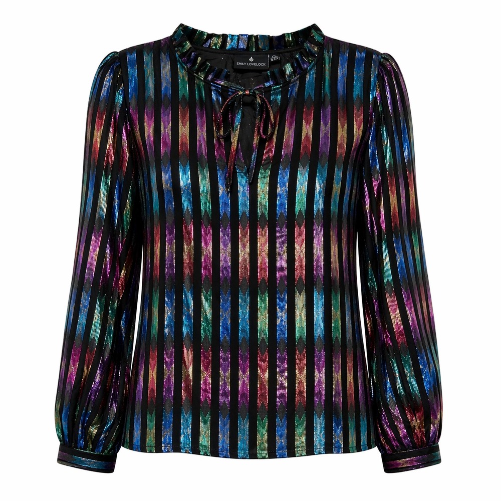 Emily Lovelock Metallic Rainbow Stripe Silk Blouse Large Luxe Boho Statement
